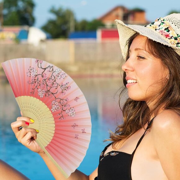 4 PCS Handheld Bamboo Fans, Chinese Silk Folding Fans with Bamboo Frames - Picture 2 of 7